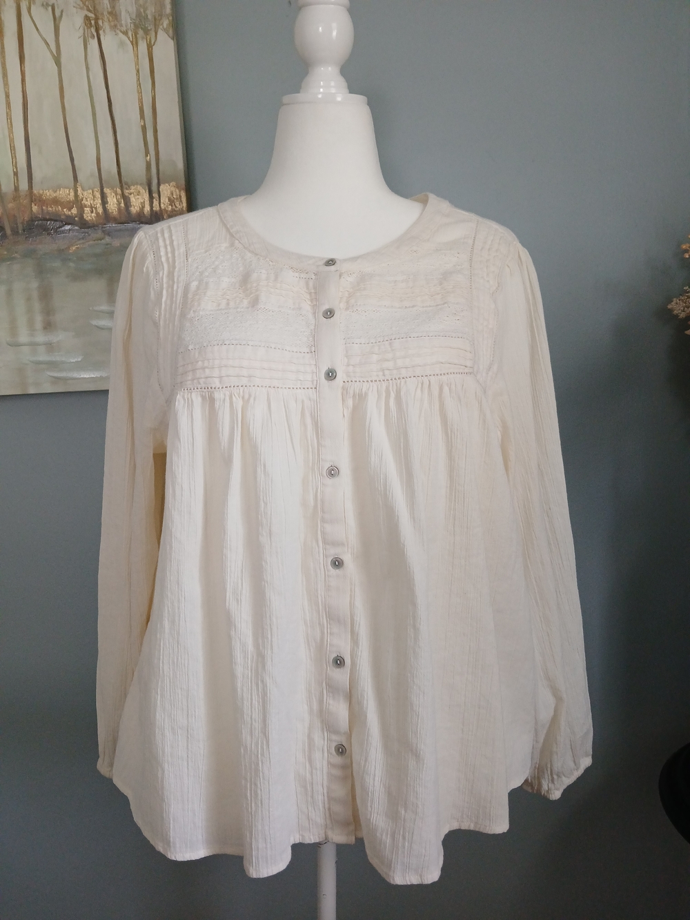 Lucky Brand Cream Button-Front Peasant Blouse